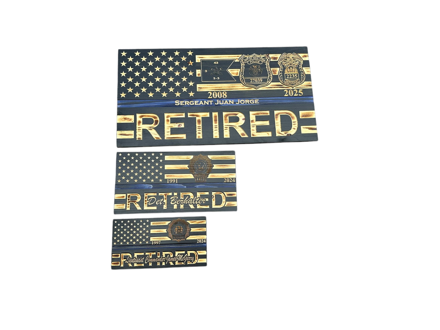 wooden thin blue line flags in different sizes and custom engraved badges and personalization