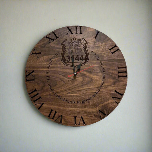 walnut wooden clock with a custom engraving and personalization