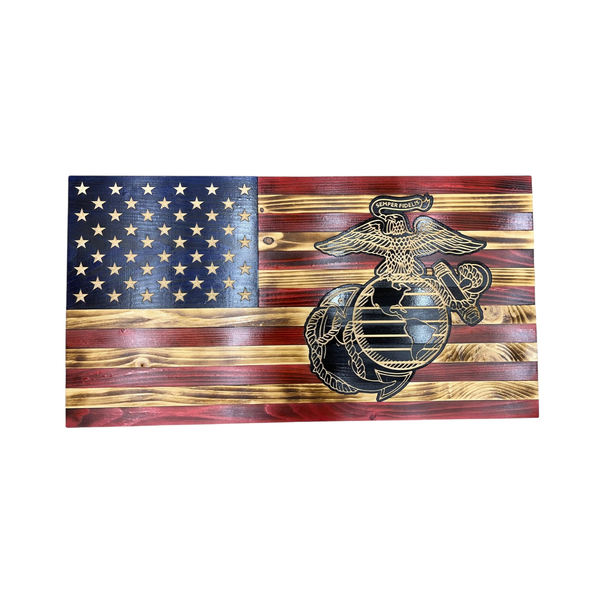 wooden american flag with marine corps logo engraved with personalization