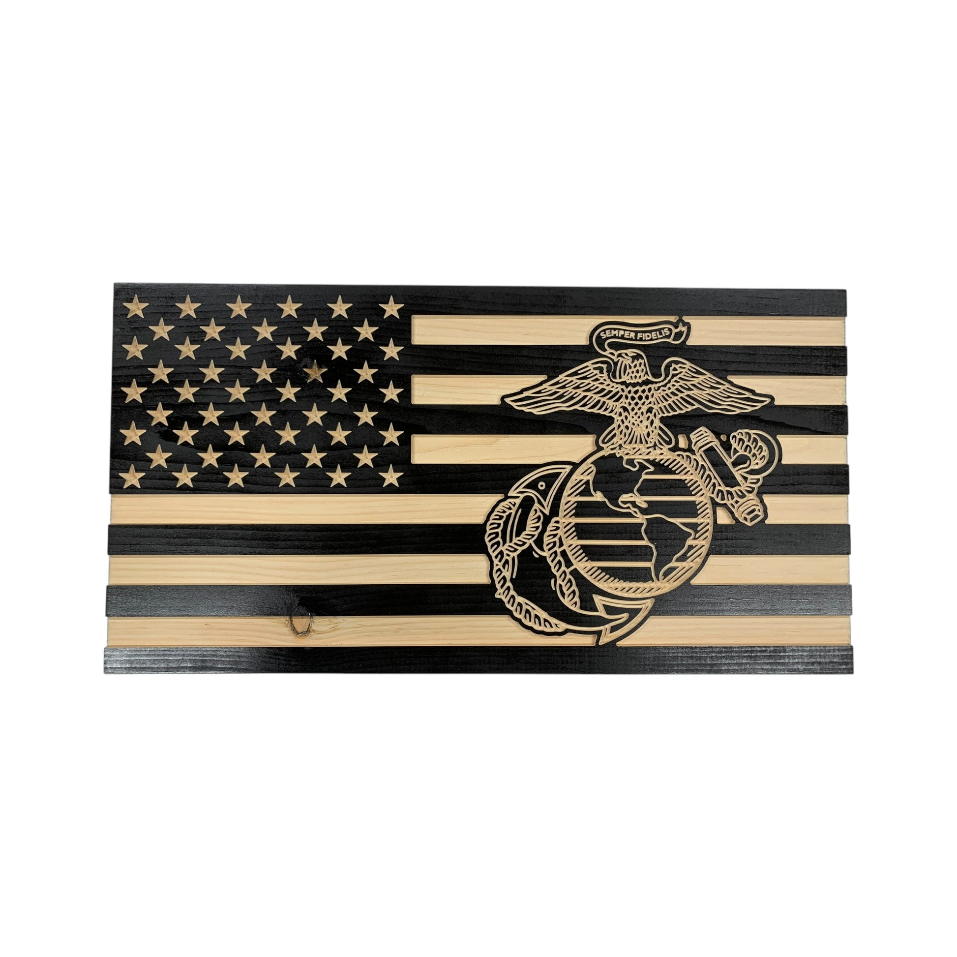wooden american flag with marine corps logo engraved with personalization