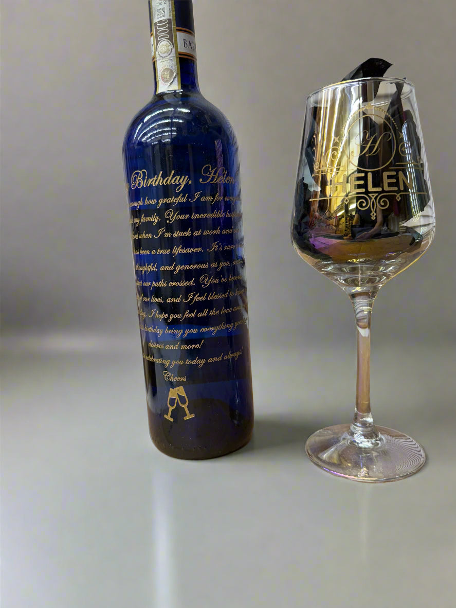 wine bottle with custom engraved personalized message birthday gift