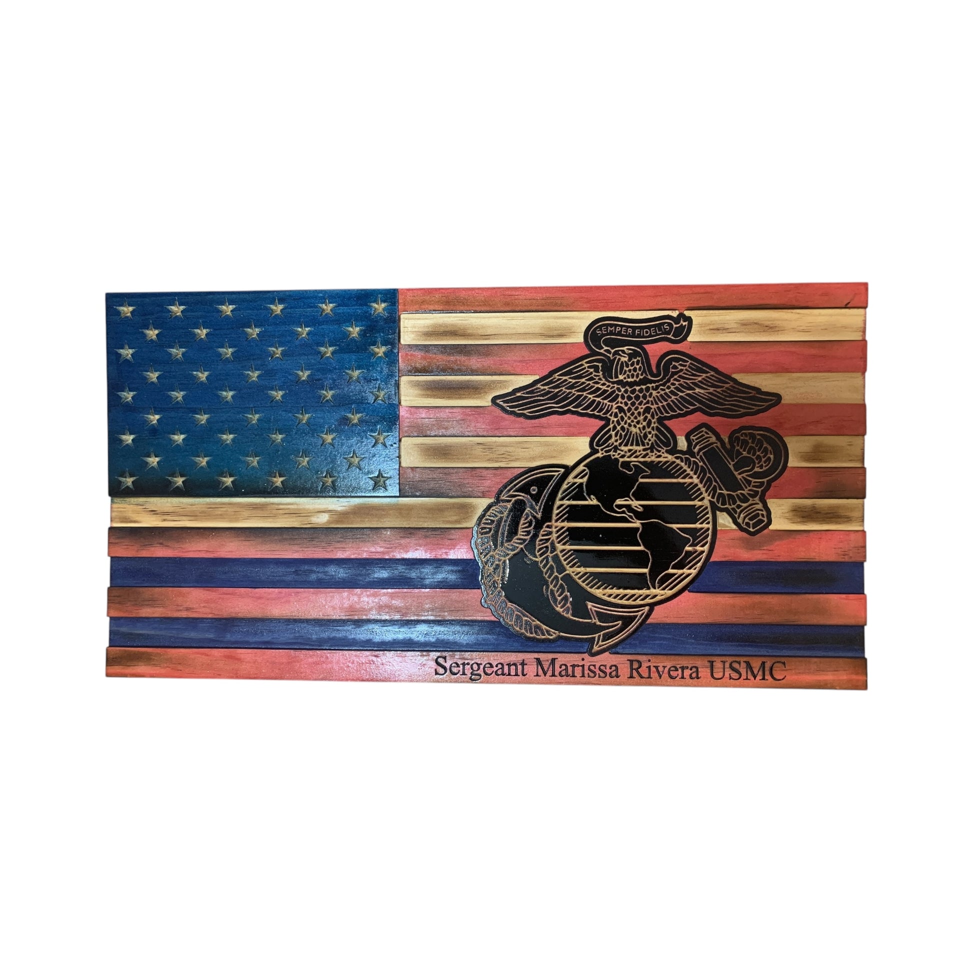 wooden american flag with marine corps logo engraved with personalization