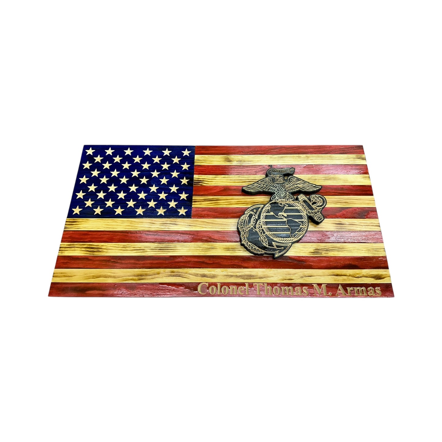 wooden american flag with marine corps logo engraved with personalization