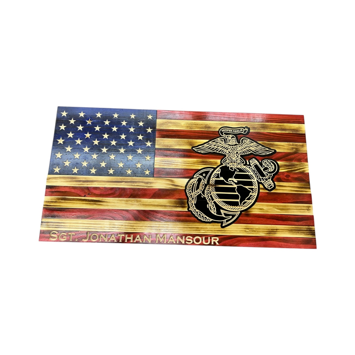 wooden american flag with marine corps logo engraved with personalization