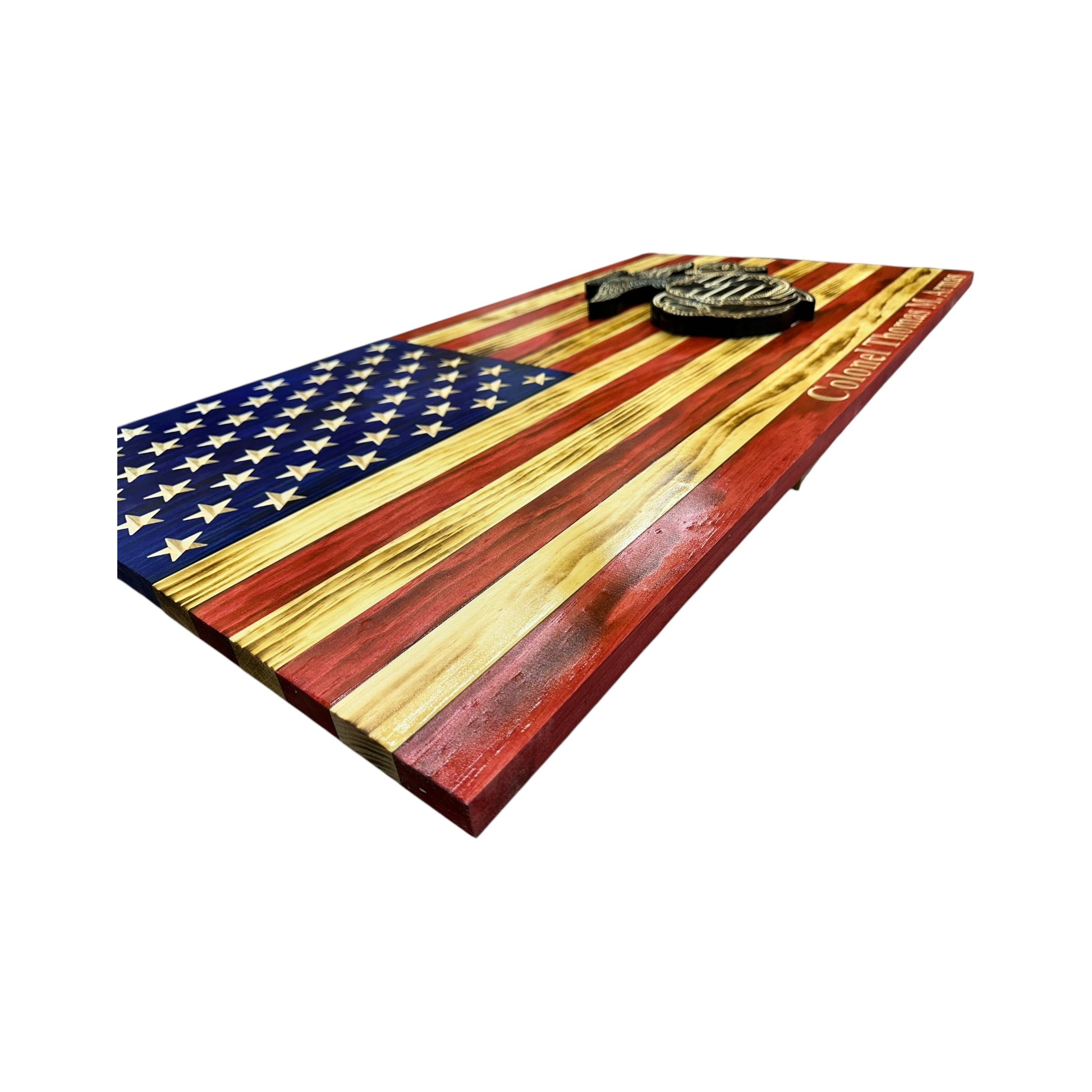 wooden american flag with marine corps logo engraved with personalization