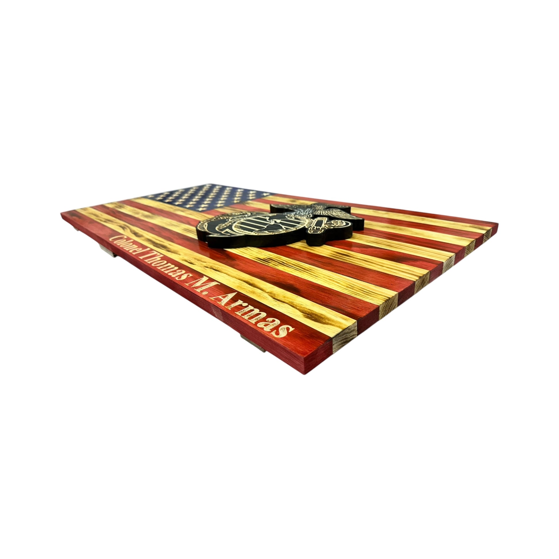 wooden american flag with marine corps logo engraved with personalization