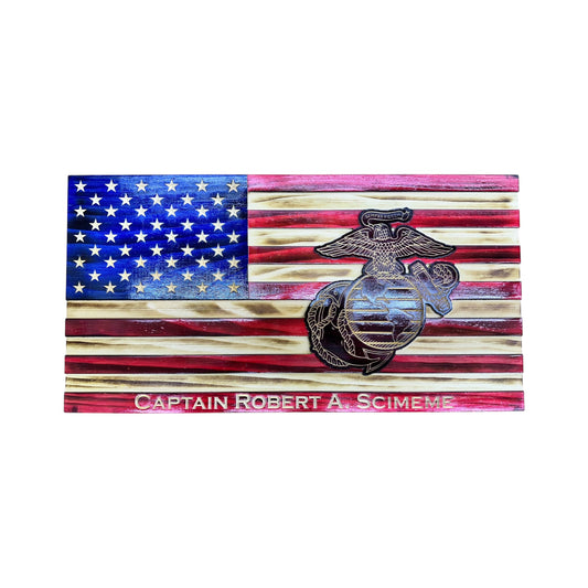 wooden american flag with marine corps logo engraved with personalization