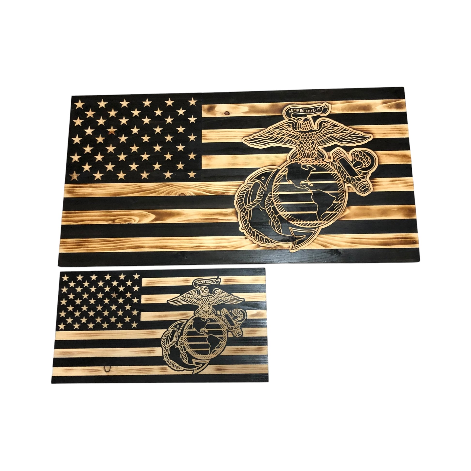 wooden american flag with marine corps logo engraved with personalization subdued