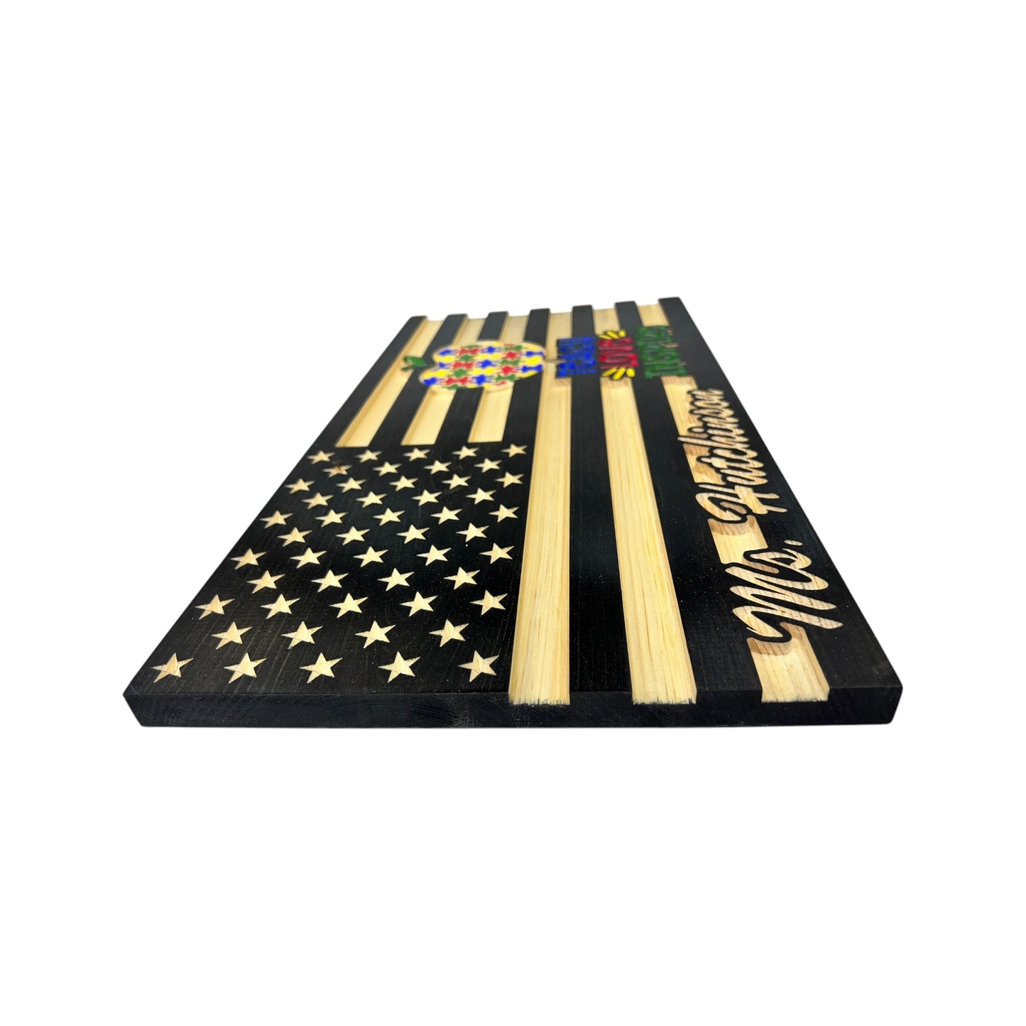 wooden american flag with teach love inspire engraving and personalization