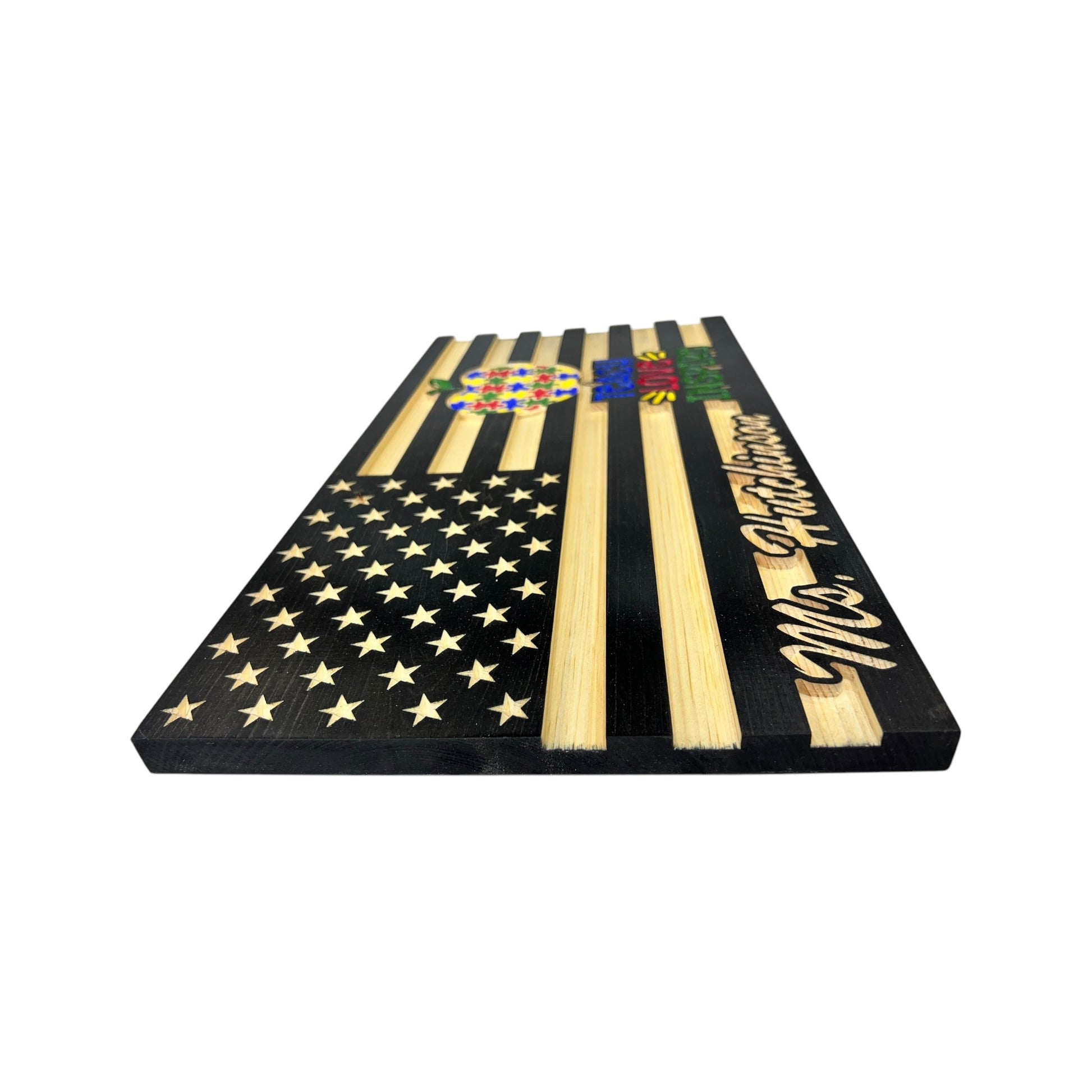 wooden american flag with teach love inspire engraving and personalization