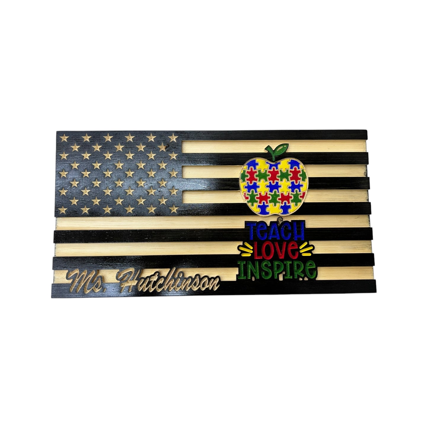 wooden american flag with teach love inspire engraving and personalization