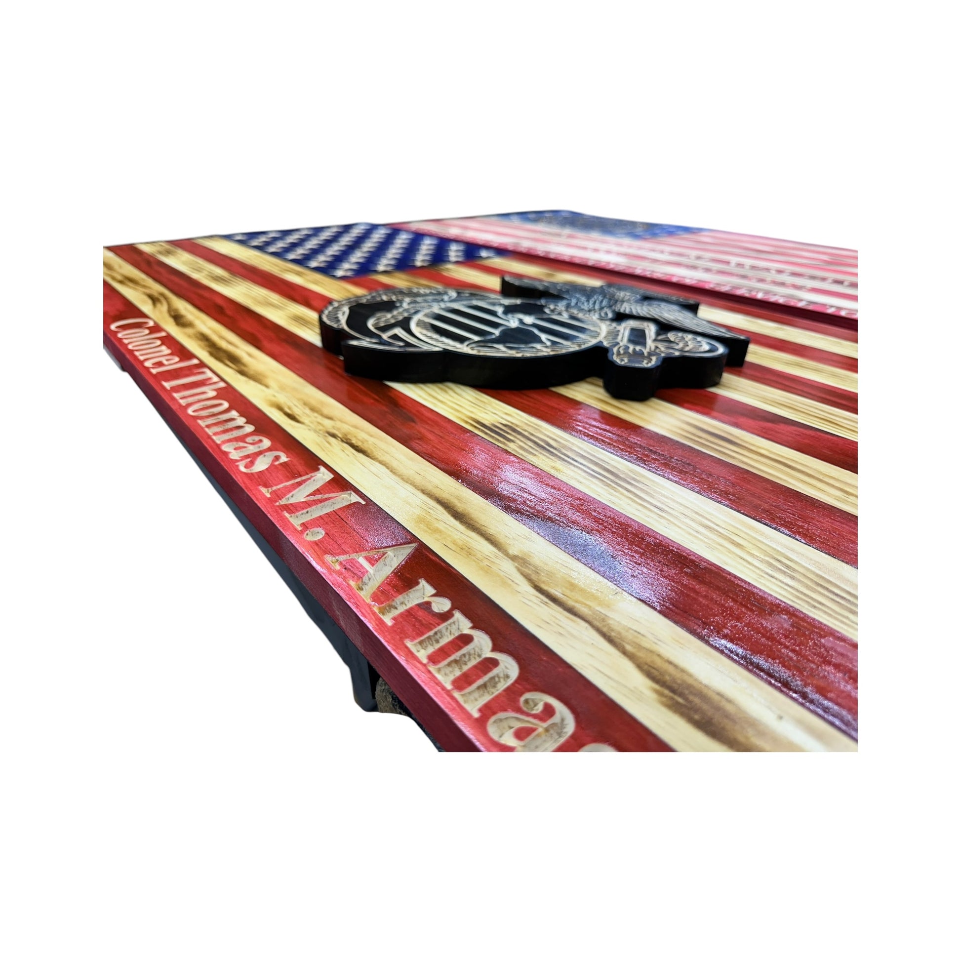 wooden american flag with marine corps logo engraved with personalization