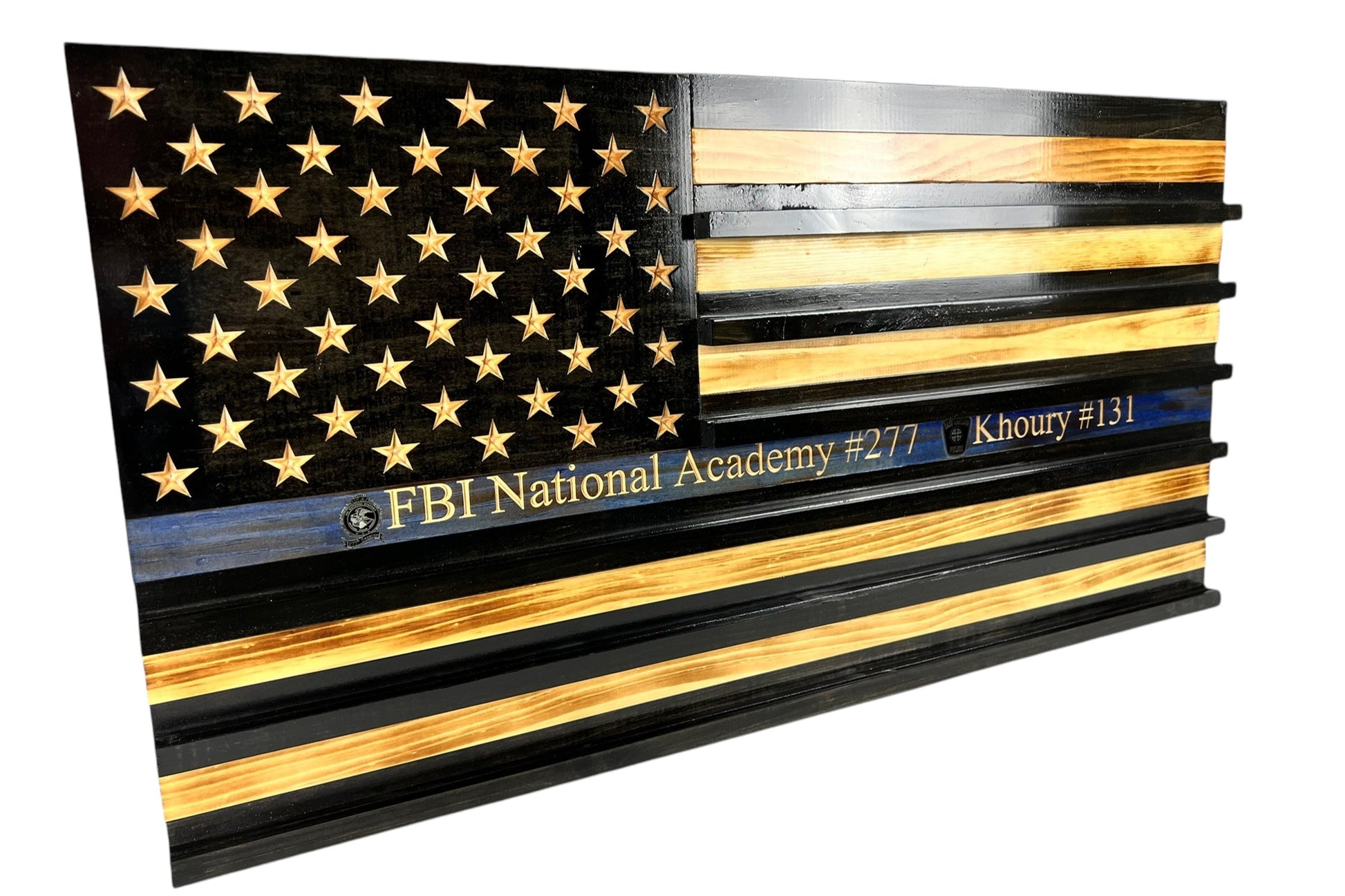 american thin blue line flag with personalization on the blue line and challenge coin shalves