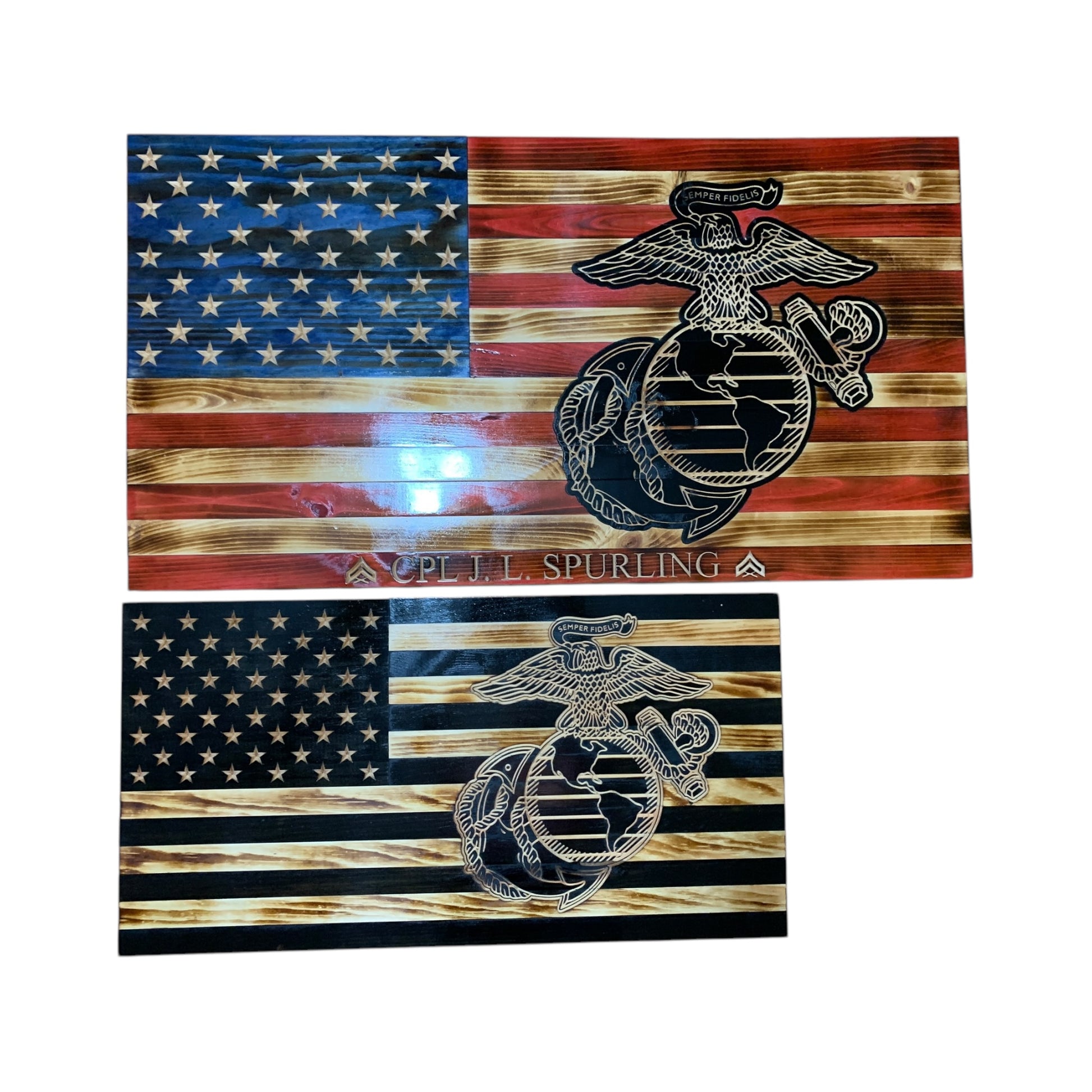 wooden american flag with marine corps logo engraved with personalization