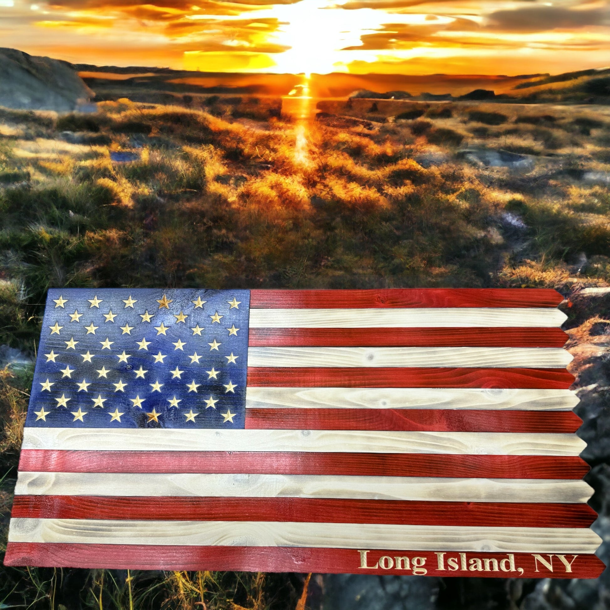 wooden american flag with picket fence edge and engraved personalization
