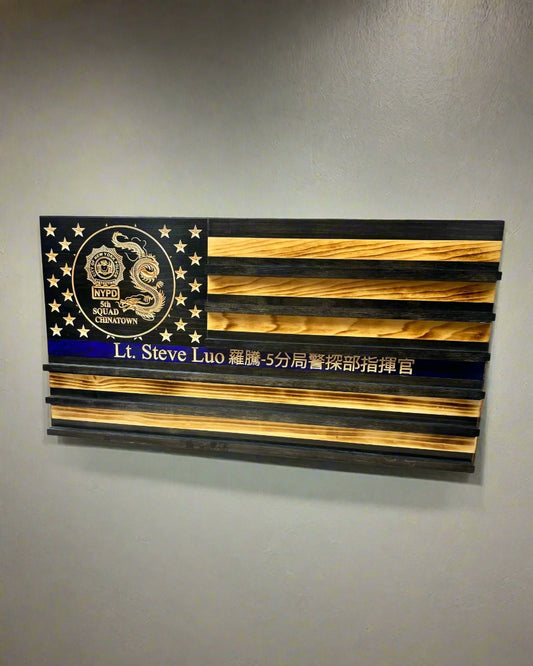 american thin blue line challenge coin display flag with a custom engraving and personalization