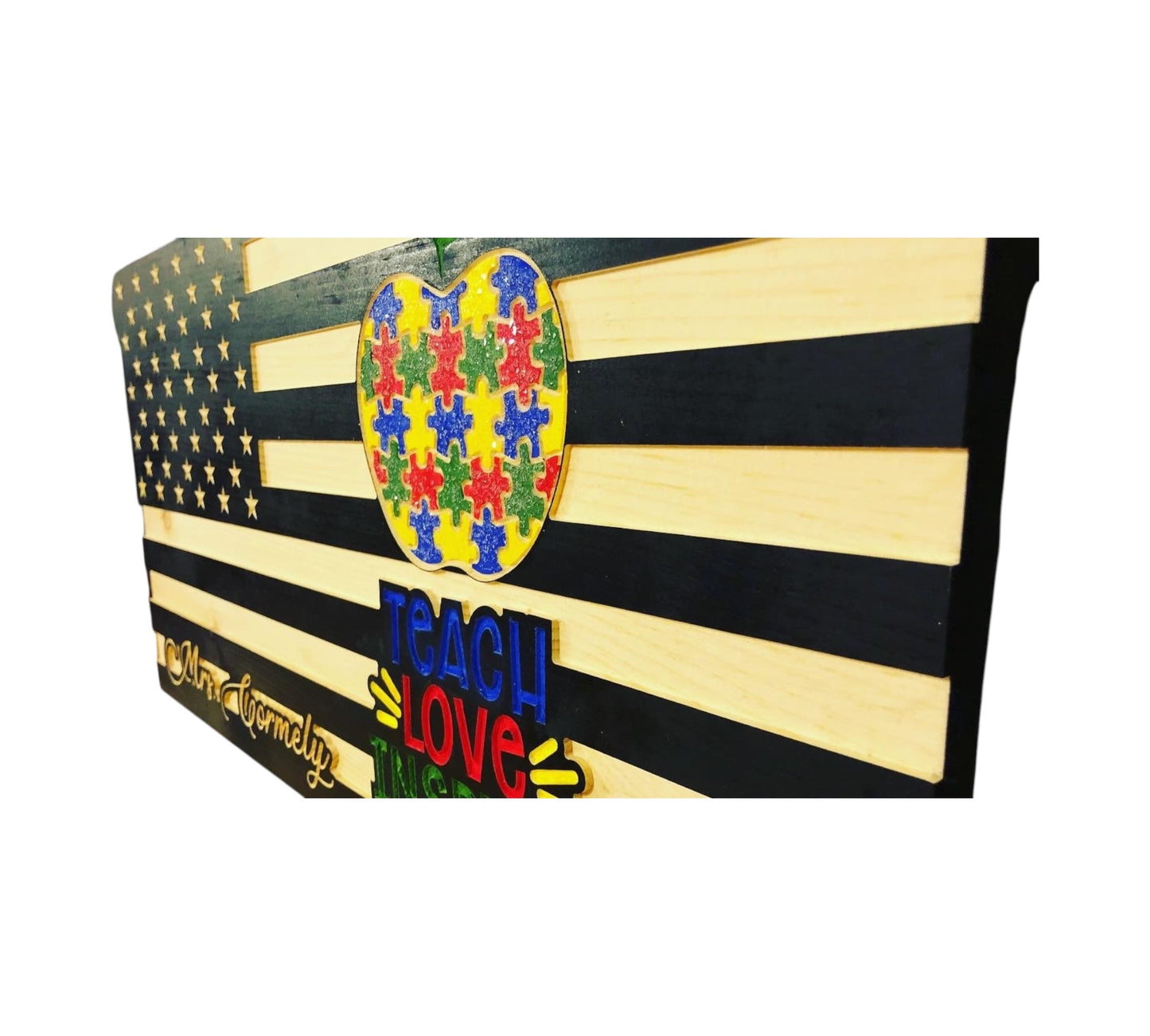 wooden american flag with teach love inspire engraving and personalization