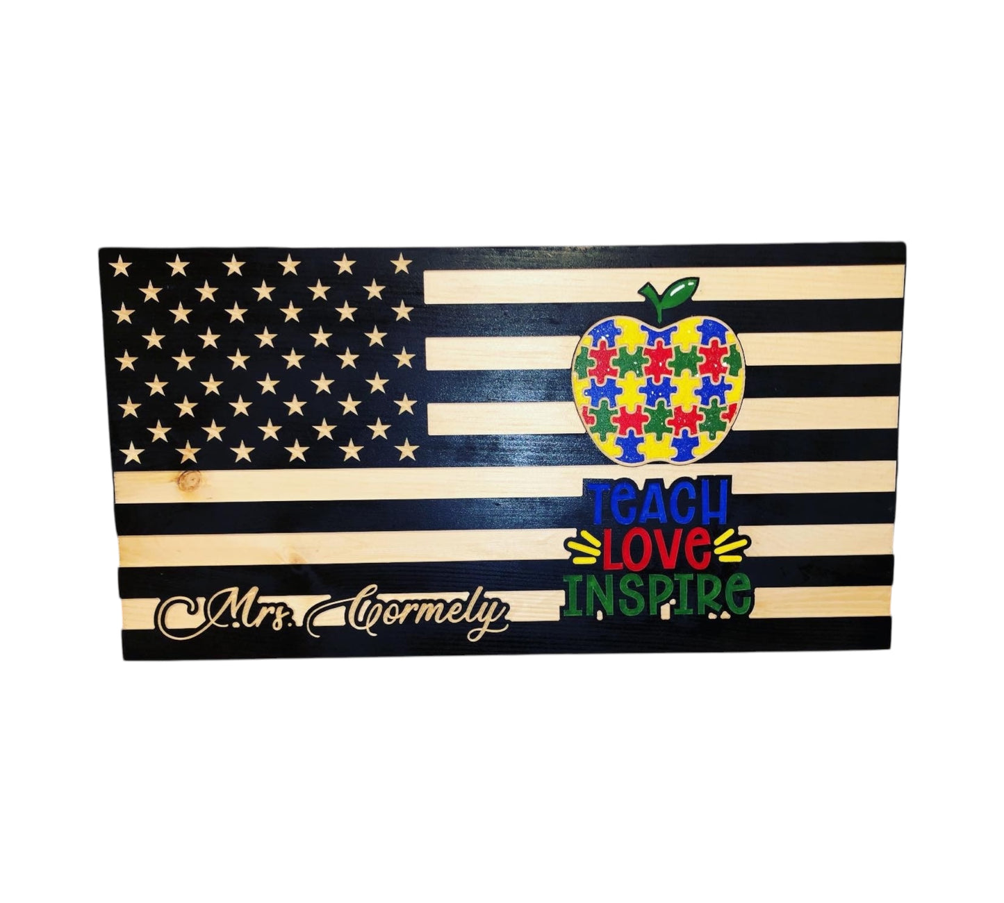 wooden american flag with teach love inspire engraving and personalization
