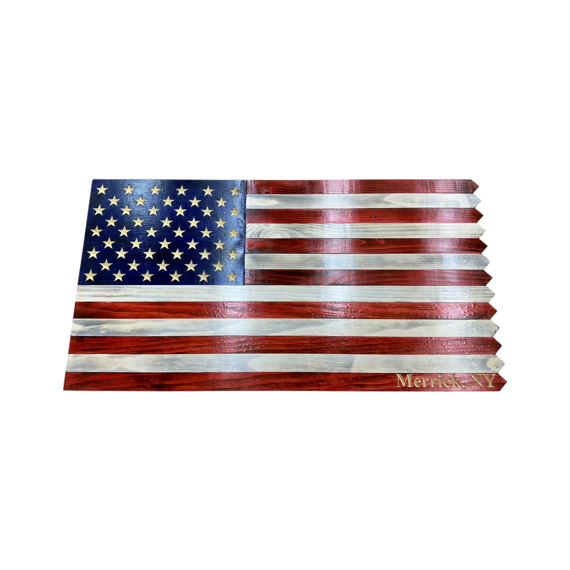 wooden american flag with picket fence edge and engraved personalization