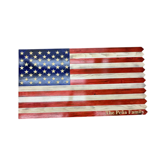 wooden american flag with picket fence edge and engraved personalization