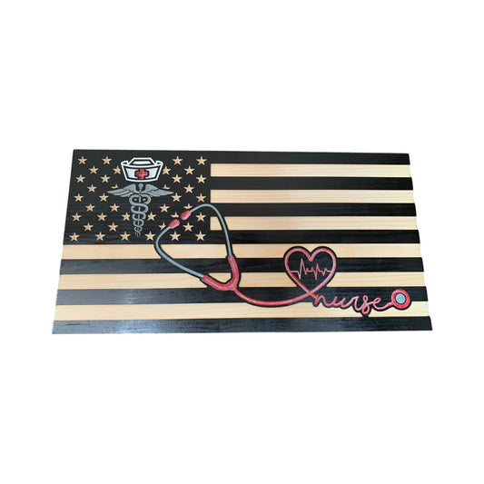 wooden american flag with caduceus and stethoscope engraving