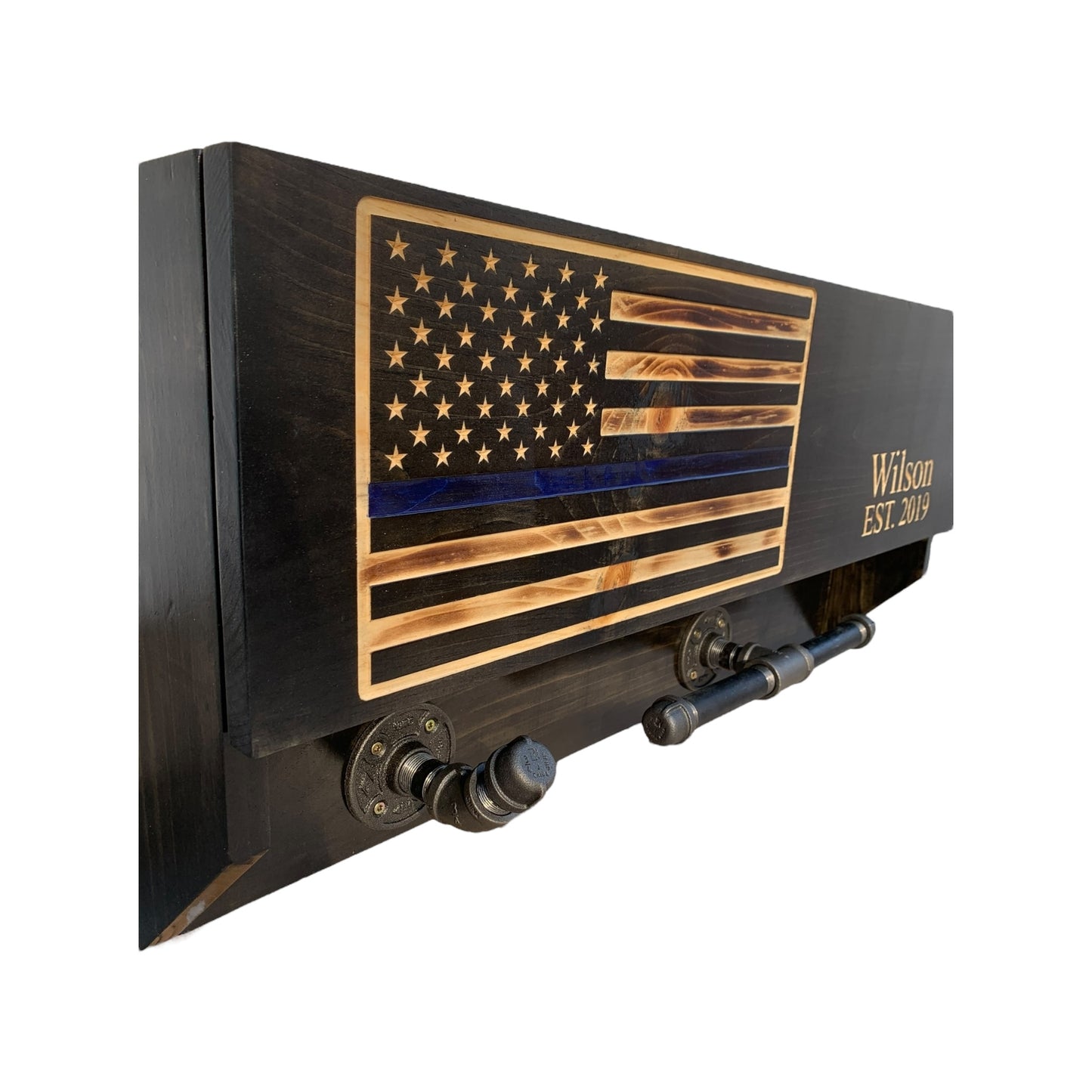 side view of custom police gear rack with thin blue line american flag and personalization engraving