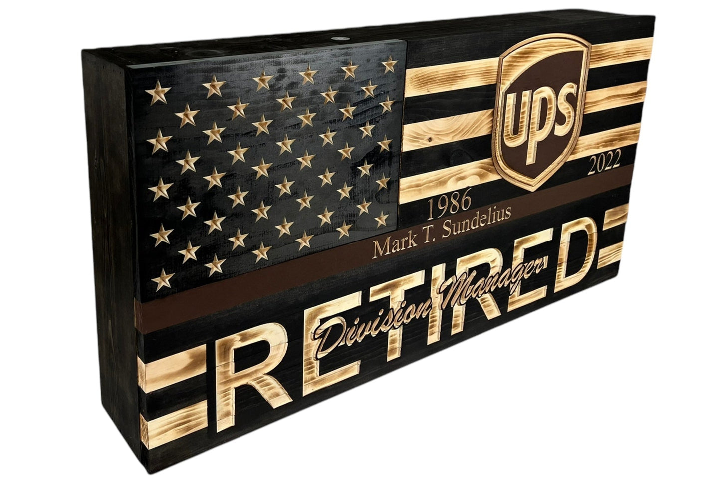 custom wooden american flag with a concealment compartment and custom engraved badge and personalization