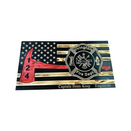 Custom firefighter retirement gift with thin red line wooden American flag and engraved badge