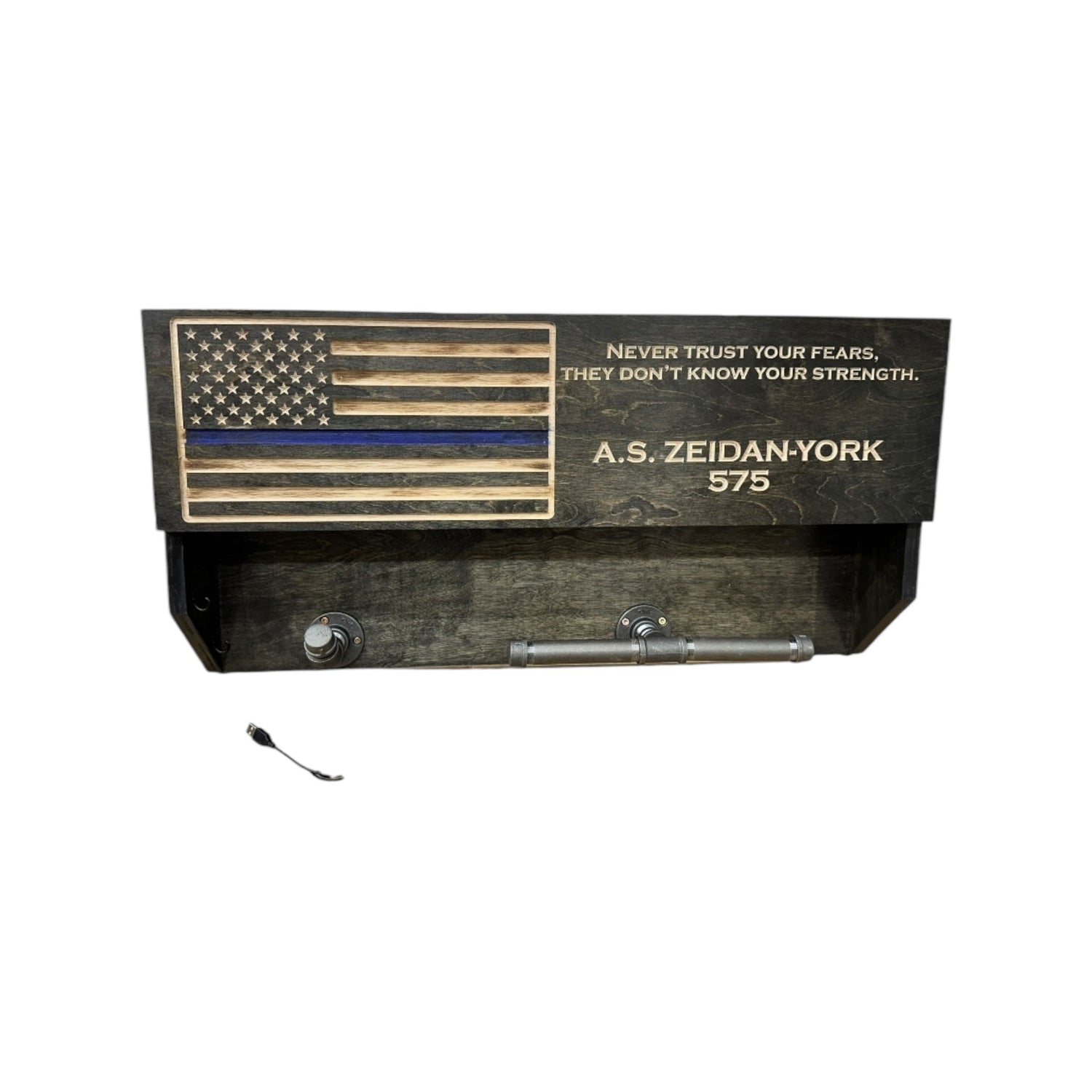 Personalized police gear organizer with Thin Blue Line flag and concealed RFID storage