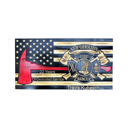 thin red line american wooden flag with firefighter axe and custom maltese cross