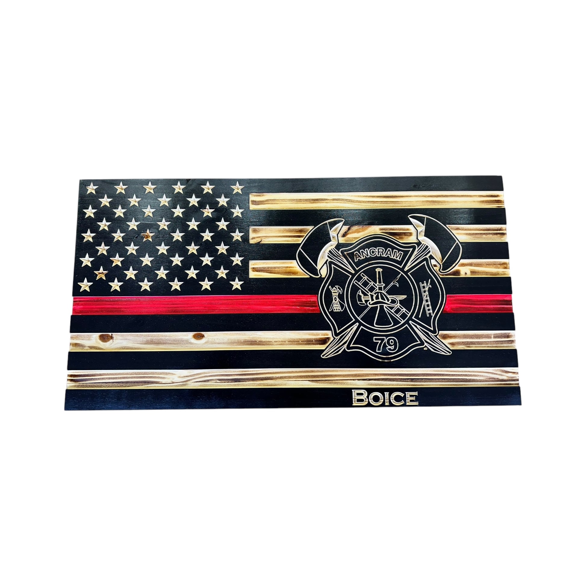 wooden thin red line american flag with a custom logo engraving