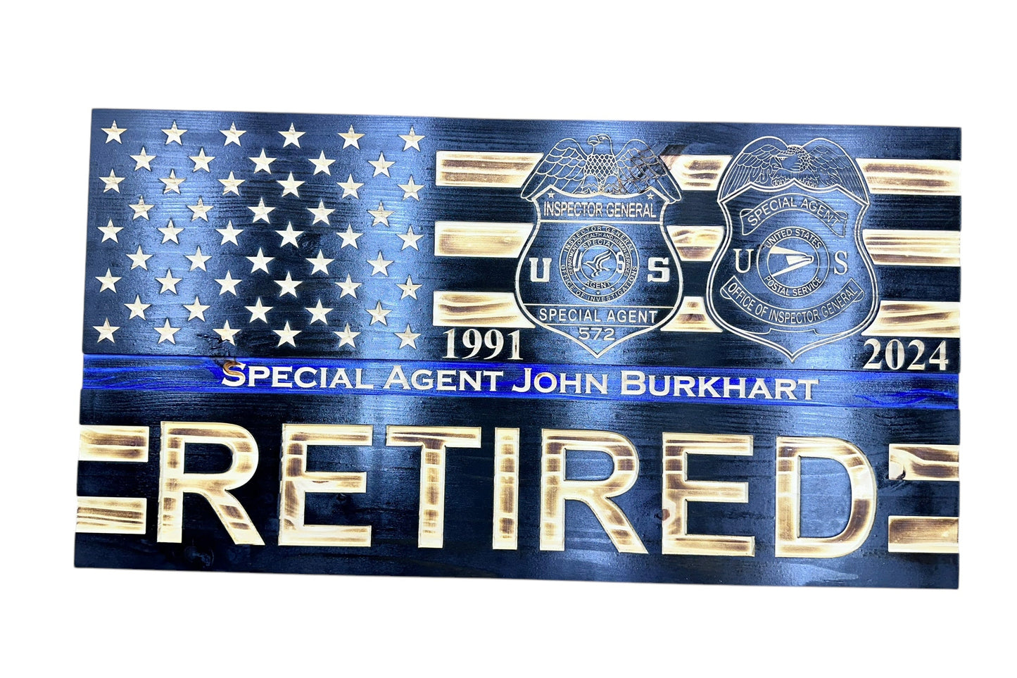 Custom Thin Blue Line Flag with Engraved Badges and Personalized Details