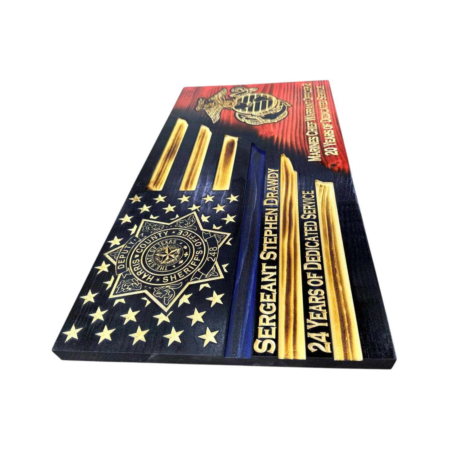 Custom Split American Flag with Engraved Badges and Personalization