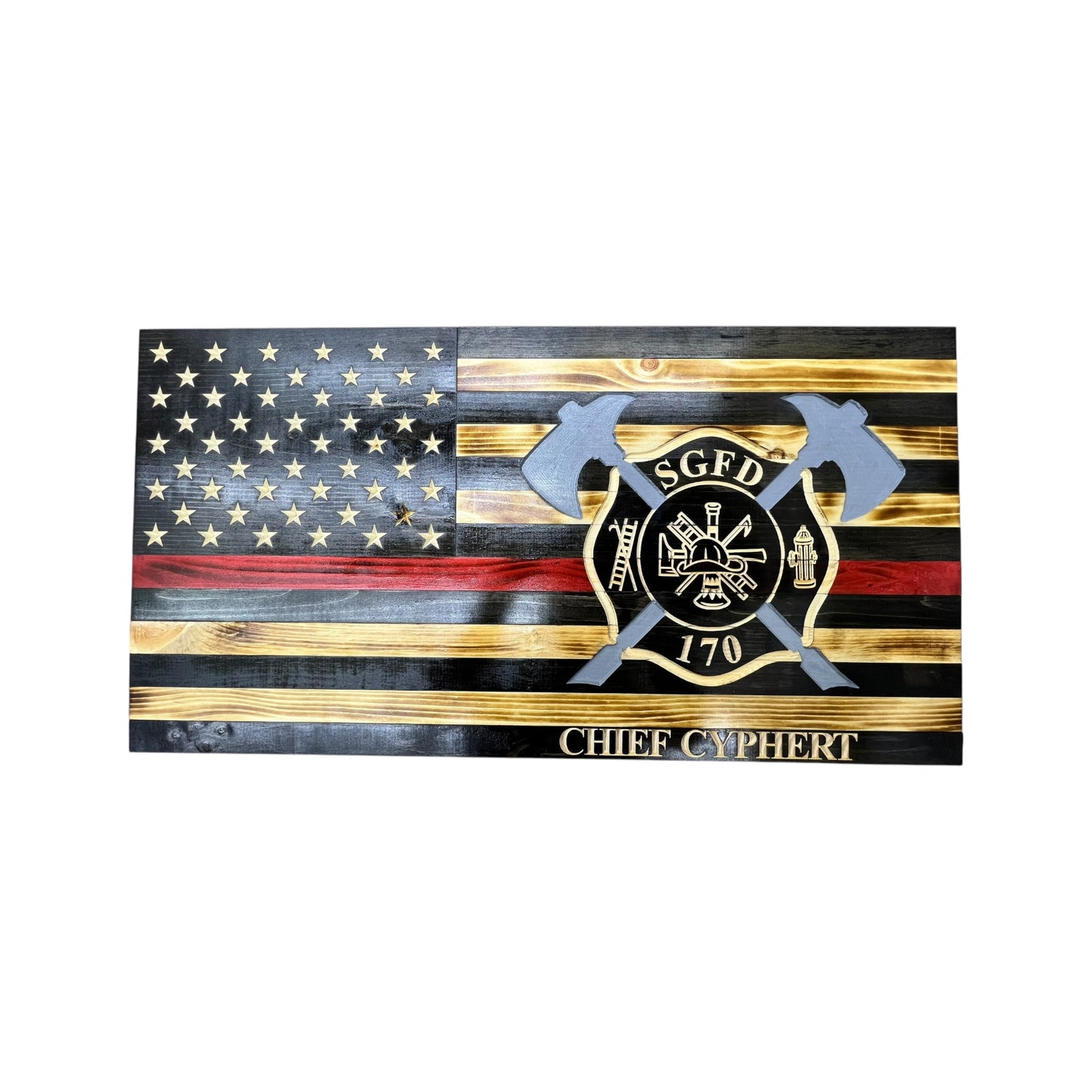 thin red line american wooden flag with engraved Maltese cross, firefighter axes and personalization