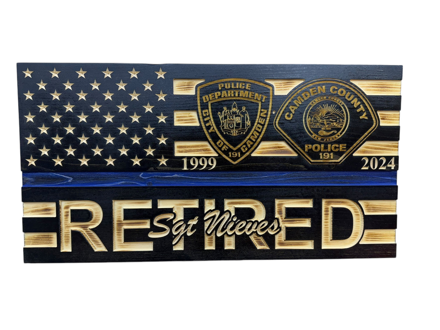 Custom Wooden Retirement American Flag with Personalized Engraving and Badges