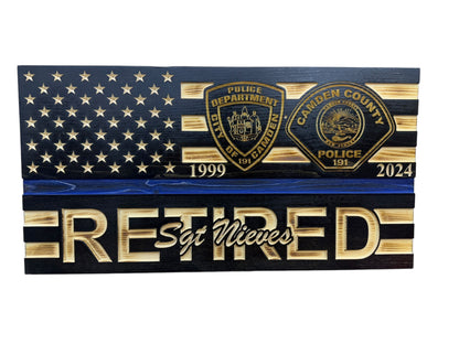 Custom Wooden Retirement American Flag with Personalized Engraving and Badges