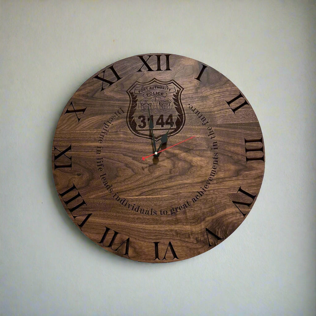 walnut wooden clock with a custom engraving and personalization