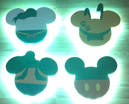 Set of Disney-Inspired LED Backlit Wooden Wall Hangings (Pluto, Goofy, Donald, Mickey)