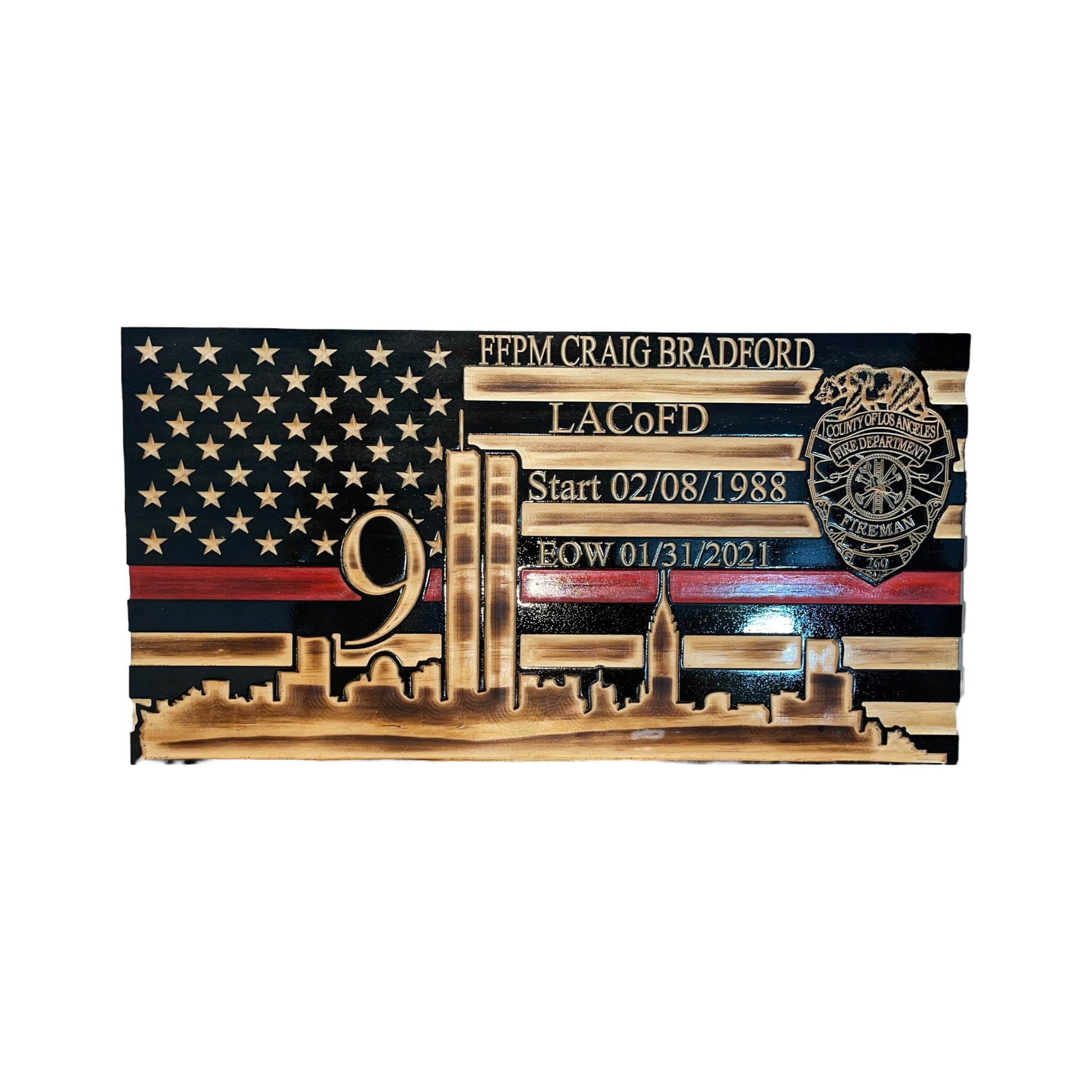 wooden american flag with nyc skyline and 9/11 twin towers thin red line