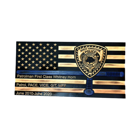 thin blue line american flag with police baton and custom police shield with personalization engraved