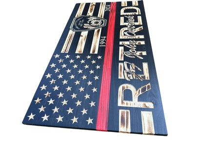 Custom Wooden Retirement American Flag with Personalized Engraving and Badges