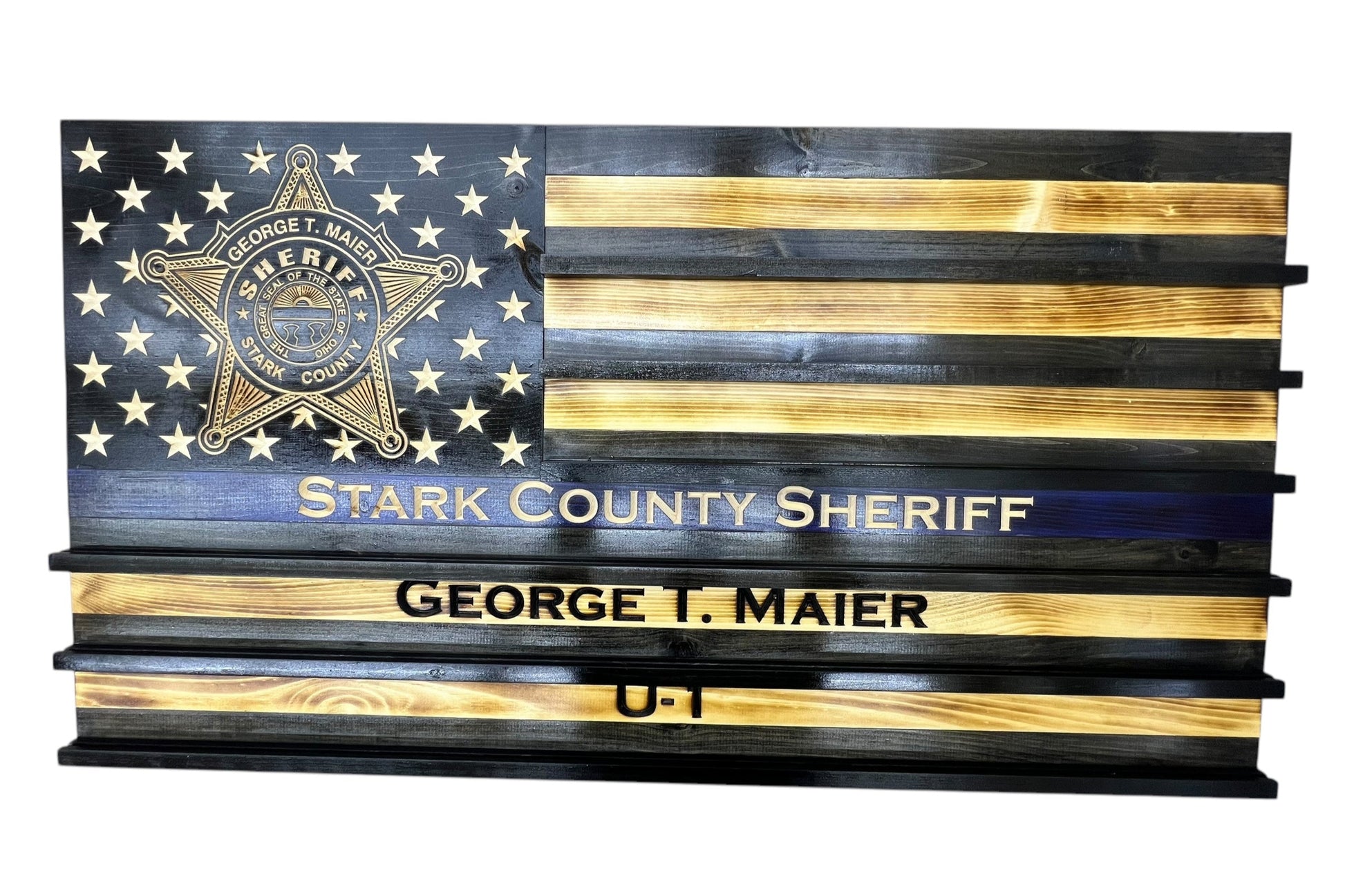 american challenge coin thin blue line flag with custom badge in the stars and personalization on three of the stripes