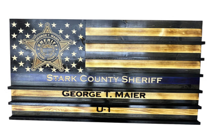 american challenge coin thin blue line flag with custom badge in the stars and personalization on three of the stripes