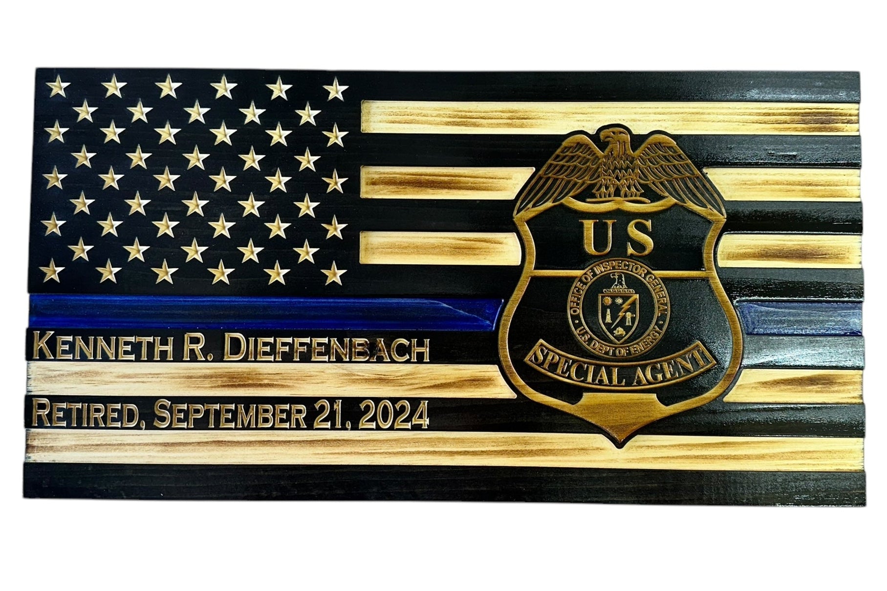 thin blue line american wooden flag with custom police badge engraving and personalization