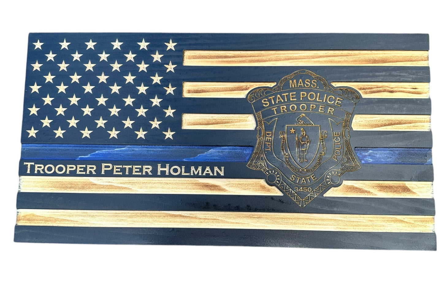 thin blue line american wooden flag with custom police badge engraving and personalization