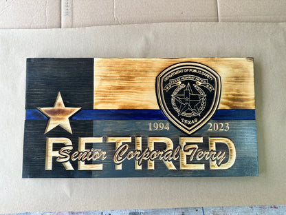 texas wooden flag with custom engraving and custom police badge