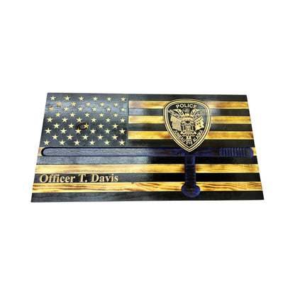 wooden thin blue line american flag with police baton and custom police shield with personalization engraved