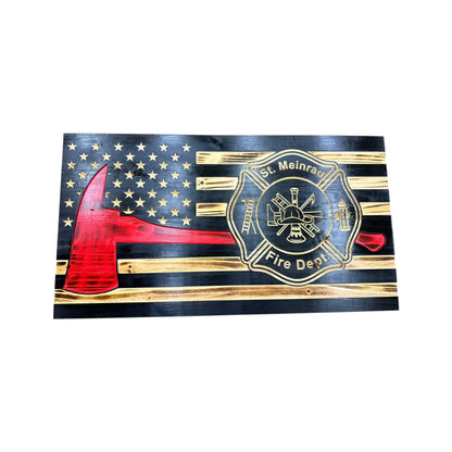 thin red line american wooden flag with firefighter axe and custom maltese cross