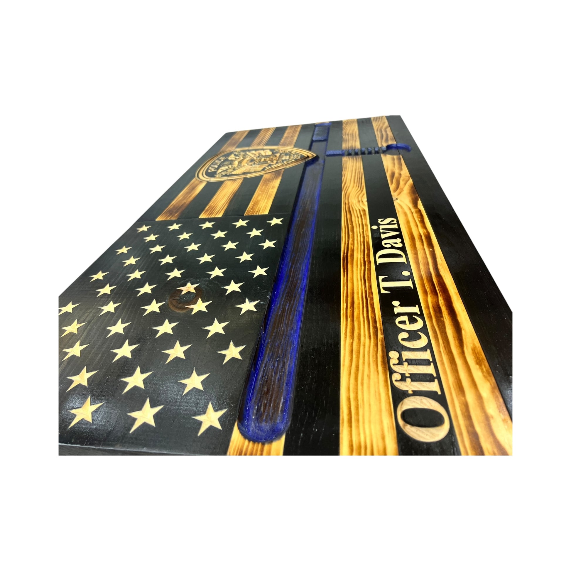 side view of wooden thin blue line american flag with police baton and custom police shield with personalization engraved