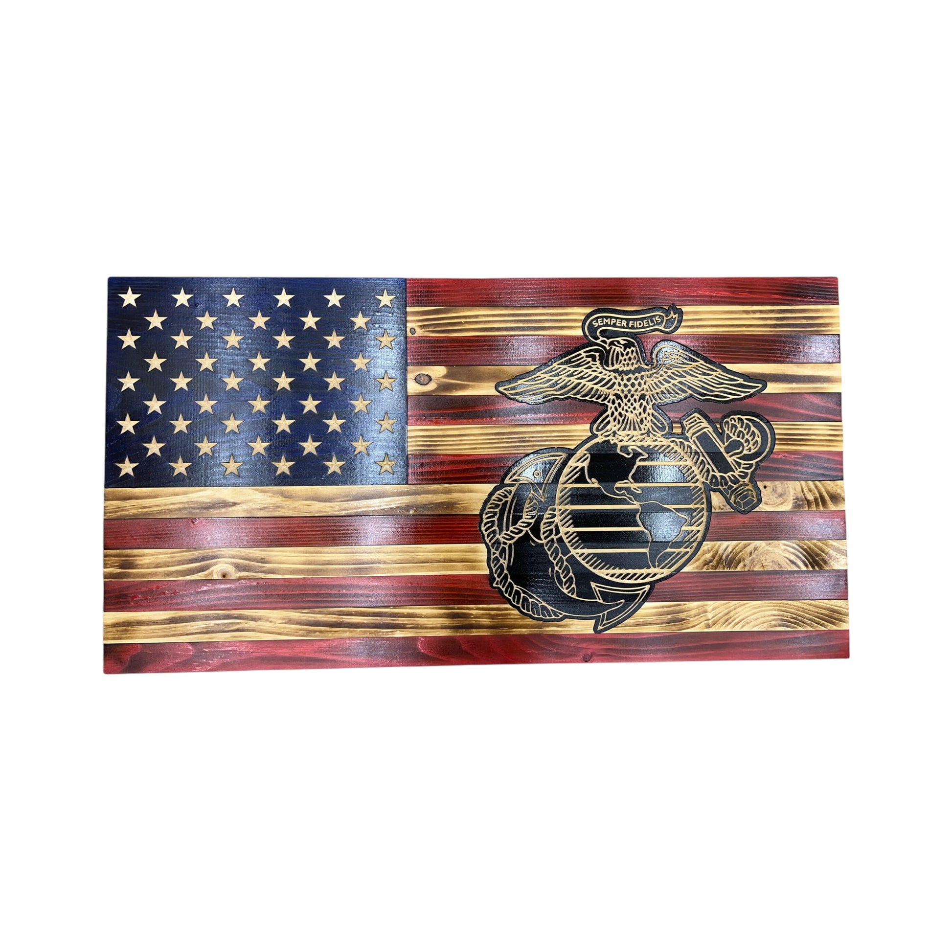 wooden american flag with marine corps logo engraved with personalization 